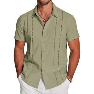 Men's Green Short Sleeve Knit Shirt Casual Button Down Shirt Vintage Beach Tops